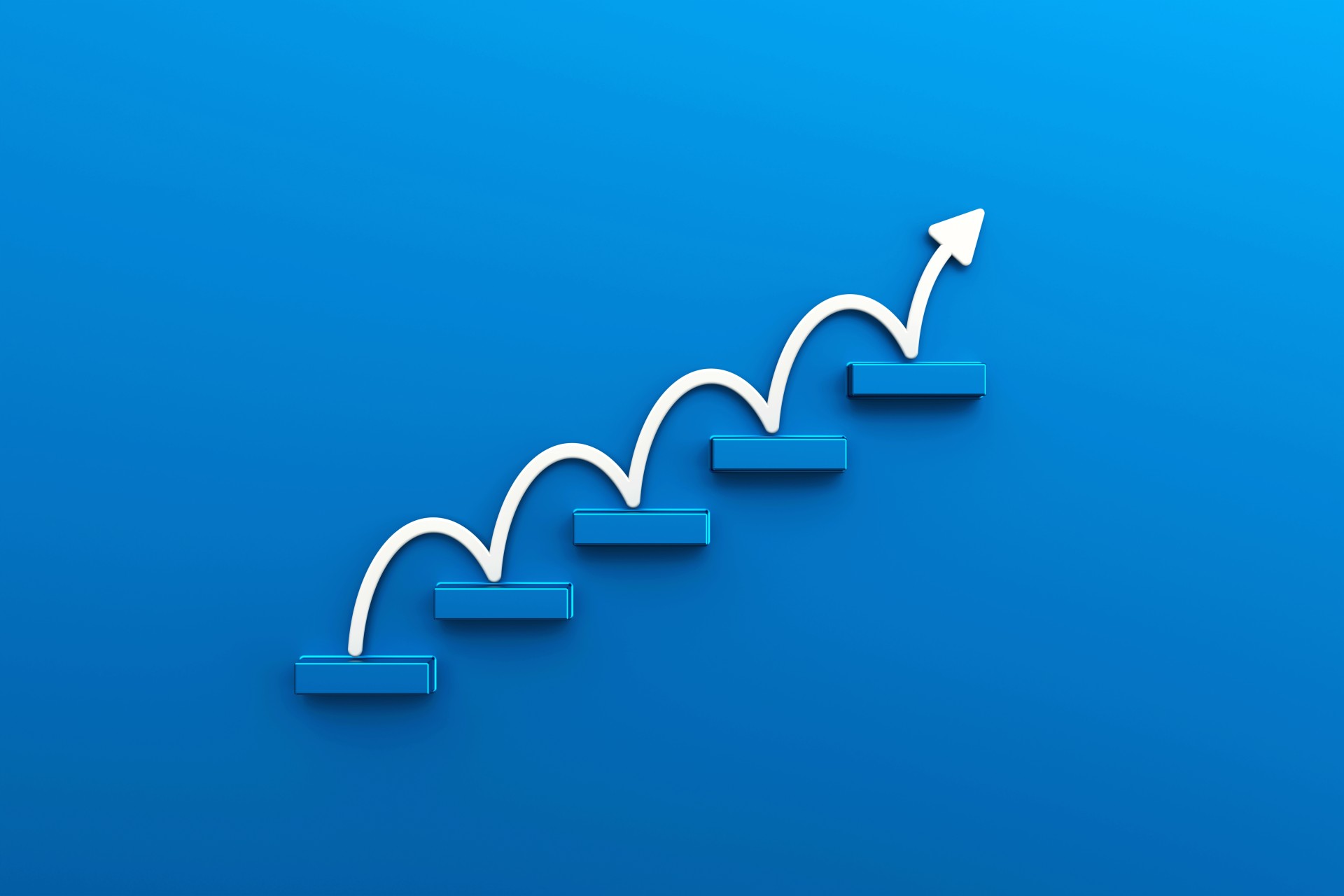 five steps ascending with a white arrow looks like it is jumping from step to step