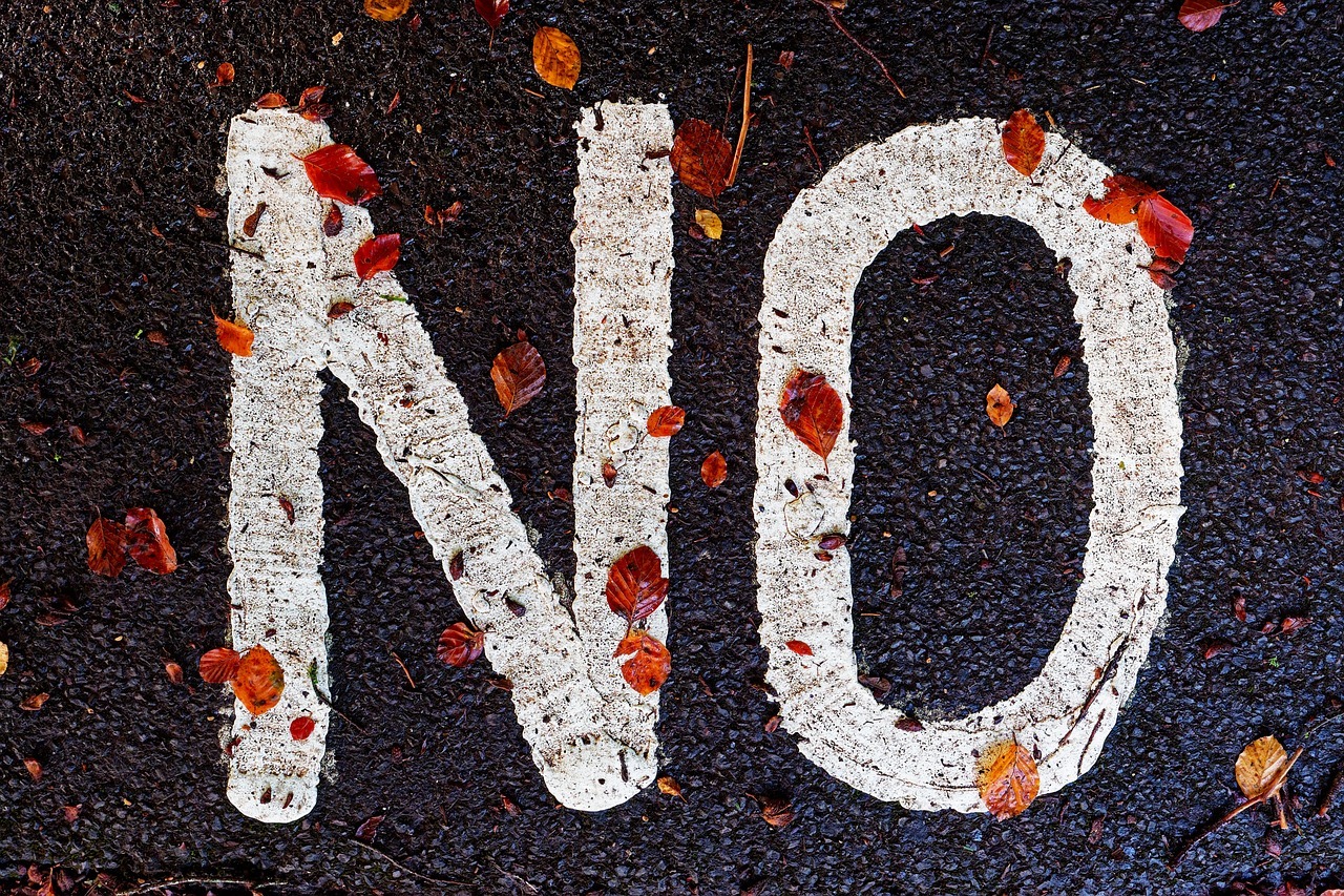 The word "No" in large letters on asphalt with fall colored leaves scattered around.